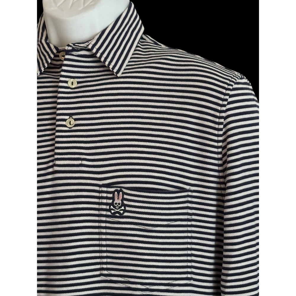 Psycho Bunny Shirt Men 4 Small Navy Blue Stripe Knit Cuff Long Sleeve Polo Pima